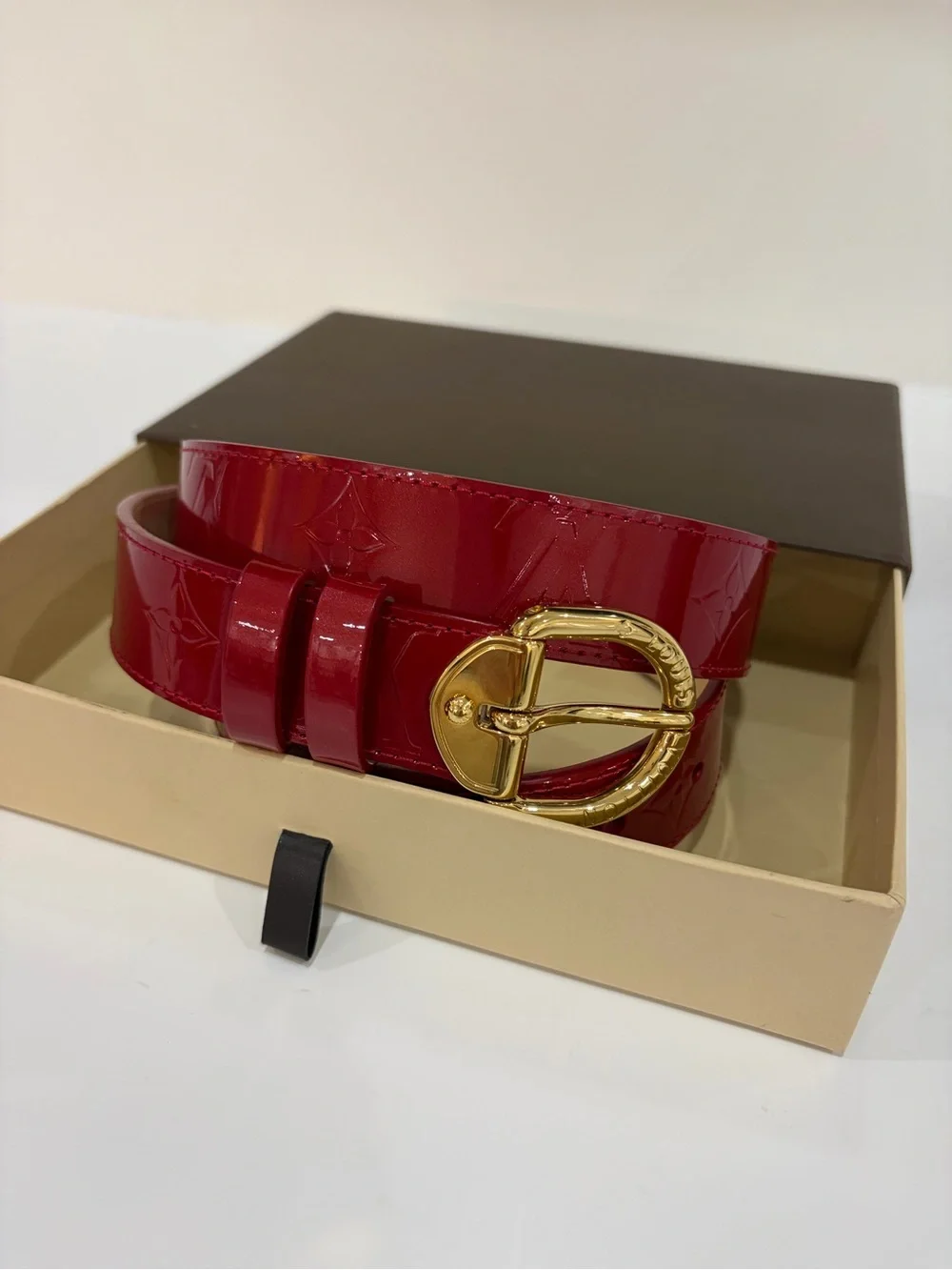 Authentic Louis Vuitton Women's Red Patent Leather Belt with Gold Buckle
